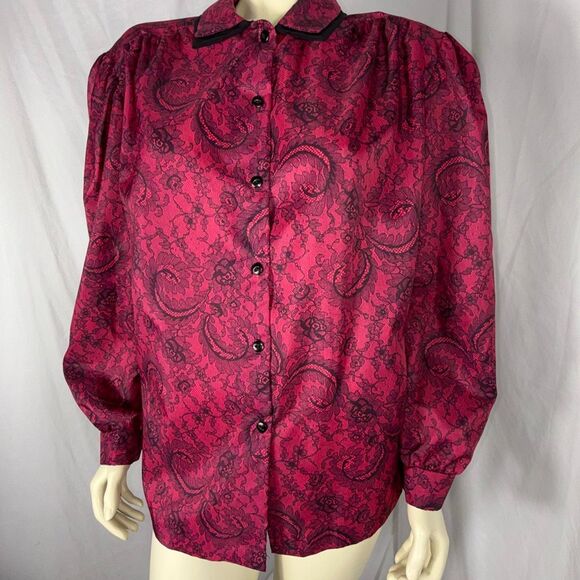 Vintage Lady Manhattan Plus Red Lace Print Blouse 22W / 42 | Puff Sleeve Button - Picture 10 of 14